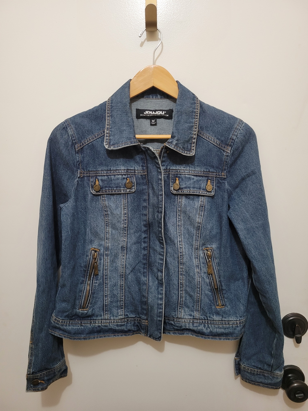 Jou Jou Womens Medium Blue Denim Jacket with Zipper Pockets